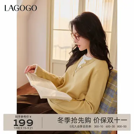 LAGOGO阳光叠领明黄治愈毛衣女拉谷谷2025年冬季新款假两件针织衫商品大图