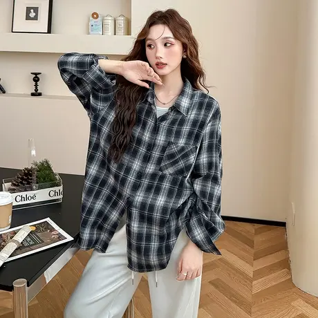 唐狮春秋季长袖衬衫女宽松休闲格纹衬衫韩系超好看女装时尚BLtu商品大图