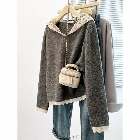 唐狮秋冬新款女针织衫毛衣蕾丝拼接连帽套头上衣女温柔淑女TMTA图片