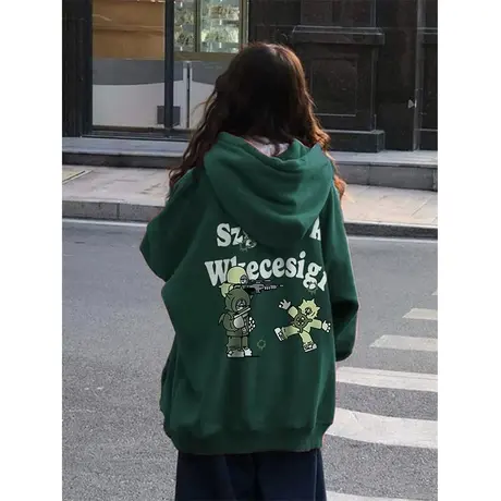 美式复古设计感印花连帽卫衣女秋冬季宽松慵懒风加绒加厚上衣外套图片