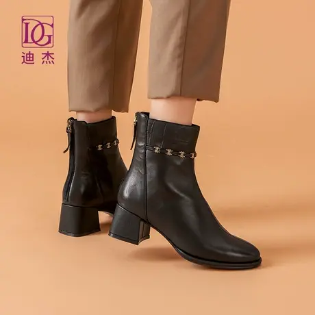 DG真皮黑色靴子女秋冬单靴短靴粗跟新款软羊皮高跟皮靴及踝靴商品大图
