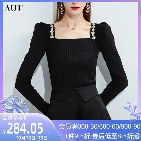 AUI黑色方领泡泡袖针织衫女2023秋冬新款设计感小众气质修身上衣图片