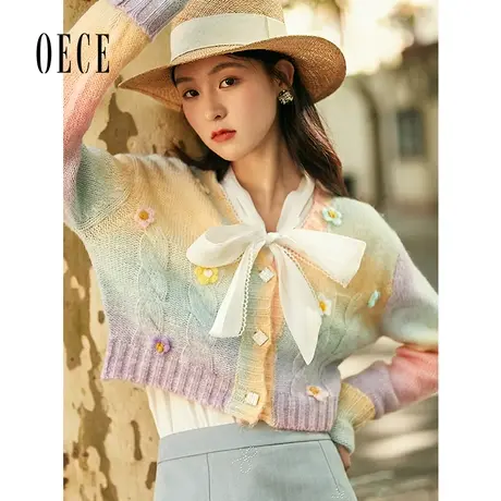Oece复古针织衫上衣2022秋装新款女装显白彩虹拼色减龄开衫外套图片