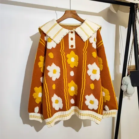 海军领钉珠毛衣女秋冬2023新款宽松大码慵懒风针织衫休闲上衣外穿图片