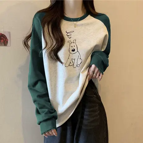 秋冬装加绒加厚插肩袖卫衣女韩版百搭宽松休闲撞色圆领上衣闺蜜装图片