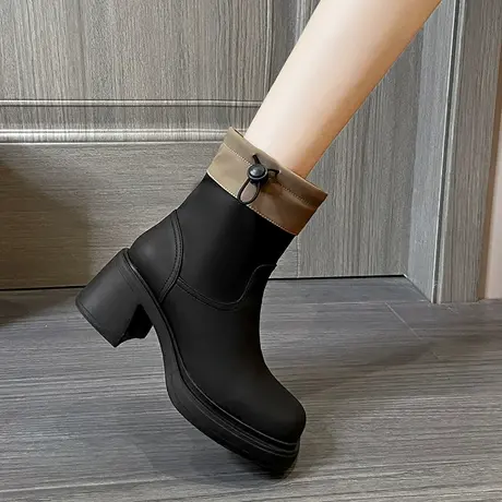 靴子女短靴圆头小众高跟女靴2023年新款秋季百搭黑色配裙子马丁靴商品大图