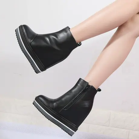 2023新款短靴女内增高马丁靴侧拉链真皮厚底坡跟单靴尖头加绒棉靴图片