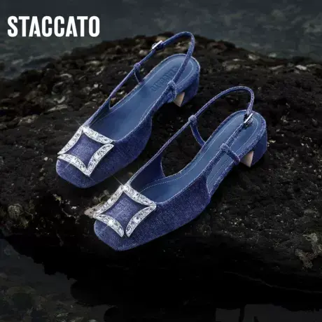 思加图新款繁星方钻单鞋法式优雅粗跟包头凉鞋女EE113CH3图片