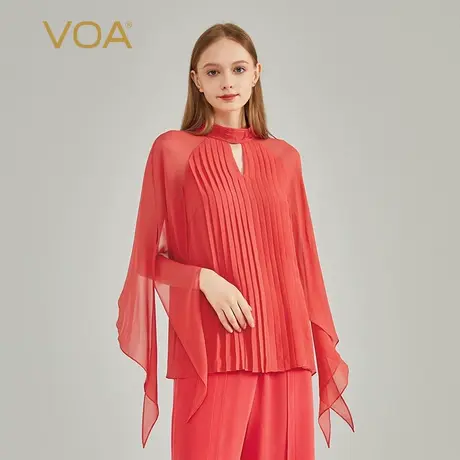 VOA桑蚕丝双层乔其半高领风琴褶飞飞袖红色宽松百搭透气真丝T恤图片