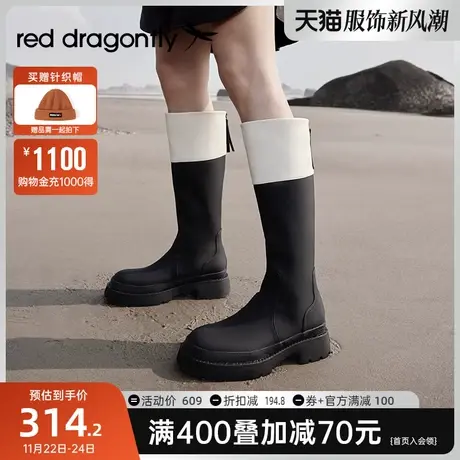 红蜻蜓靴子女2023新款秋冬厚底长筒靴爆款真皮加绒女靴拼色长靴子商品大图