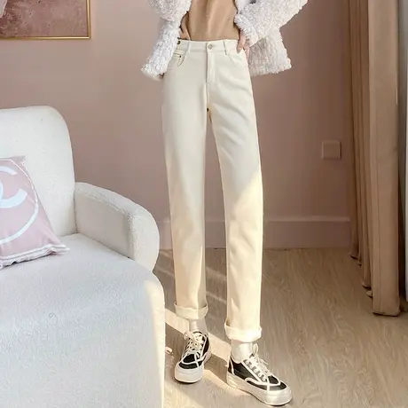 丽洁服饰白色裤子直筒裤女长裤2023冬季新款加绒加厚纯棉休闲女裤商品大图