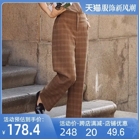 格纹毛呢裤2024春新款高腰时尚线条感西装裤气质百搭复古休闲裤女图片