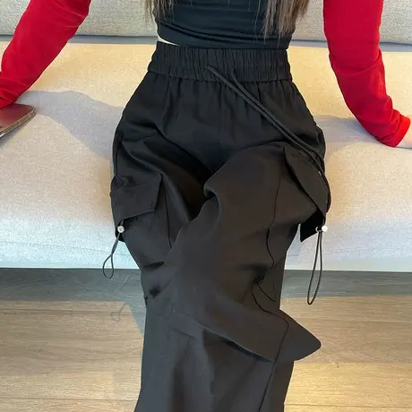 美式速干工装裤女春秋小个子高腰宽松抽绳束脚灯笼黑色直筒阔腿裤商品大图