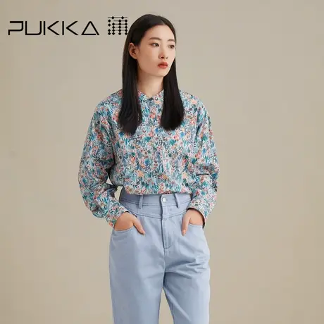 蒲PUKKA 印花长袖衬衫女秋装新品宽松休闲复古立领碎花设计感上衣商品大图
