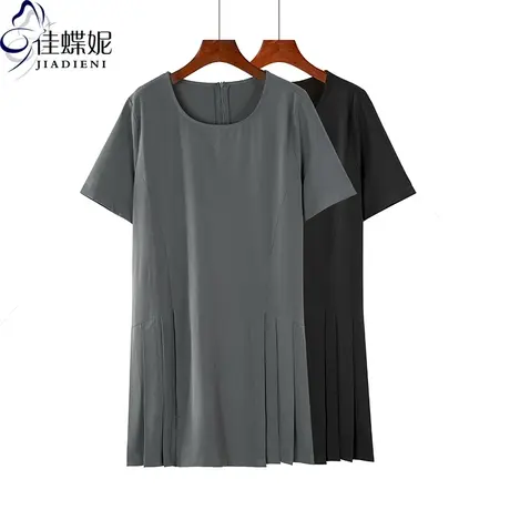 夏季新款韩版圆领宽松纯色休闲简约中长款拉链雪纺短袖体恤女装商品大图