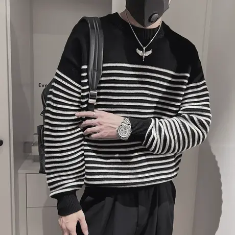 撞色条纹针织衫男2023年秋冬新款轻熟休闲学生套头毛衣打底衫线衣商品大图