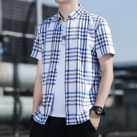 短袖衬衫男夏装薄款上衣休闲格子衬衣夏季个性半袖潮中袖男装T恤商品大图