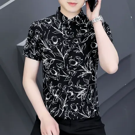 衬衫男短袖夏季潮流韩版修身垂坠感上衣帅气夏威夷男装印花衬衣半商品大图