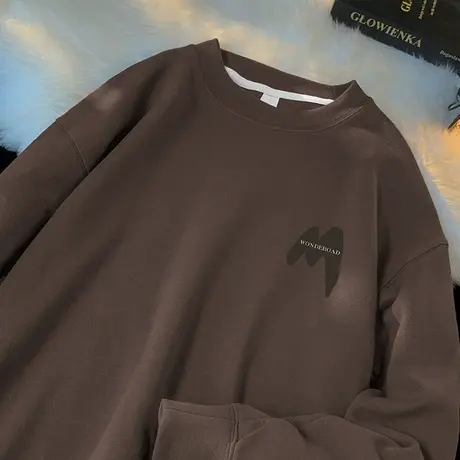 350g重磅卫衣男生秋冬款宽松潮流圆领长袖t恤美式复古无帽上衣服图片