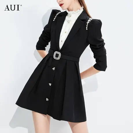 AUI黑色职业气质设计感西装外套女2023秋新款高级小众修身西服裙商品大图