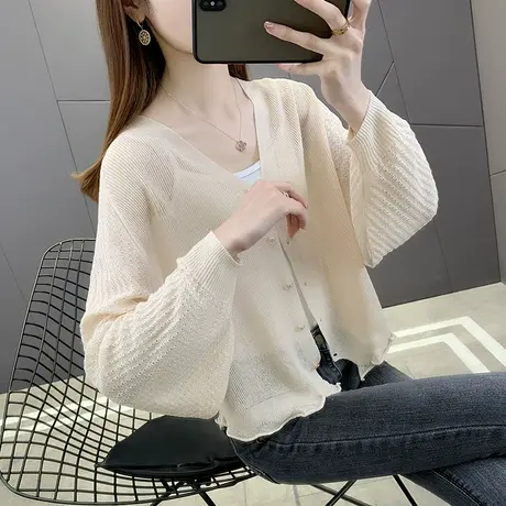 冰丝针织衫女开衫薄款长袖防晒衣2023夏季短款外搭空调披肩小外套商品大图