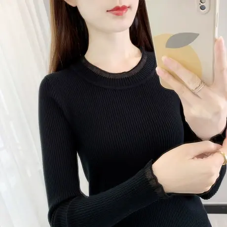 黑色打底衫女新款圆领针织衫长袖上衣修身紧身内搭春秋季薄款毛衣商品大图