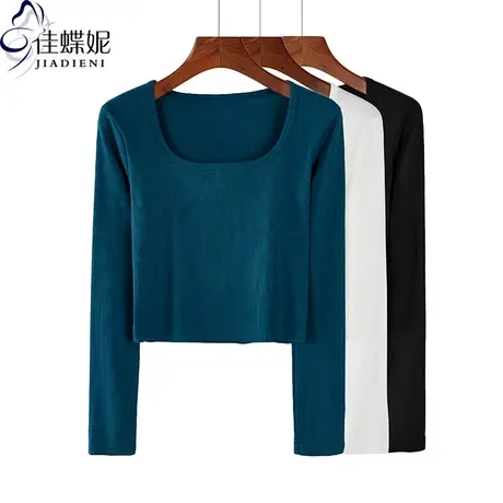 春季新款韩版U领修身短款纯欲纯棉纯色长袖体恤上衣内搭女T恤高腰图片