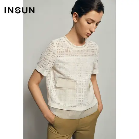 INSUN恩裳夏季条纹棉质薄款蕾丝衫图片