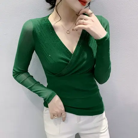 性感V领网纱打底衫女加绒加厚秋冬时尚气质上衣别致烫钻长袖T恤女商品大图