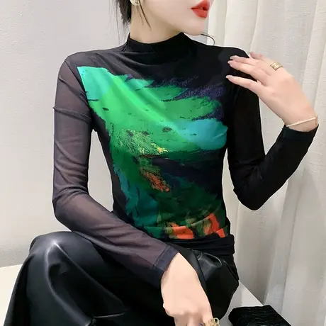 性感网纱半高领T恤女长袖扎染印花个性百搭上衣洋气修身显瘦小衫商品大图