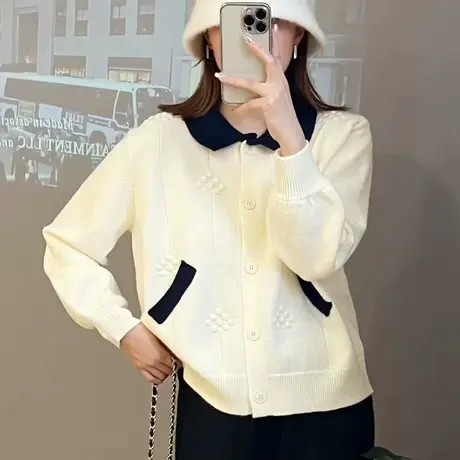 春季2024年新款polo领初春毛衣针织开衫外套女软糯高级感宽松上衣图片