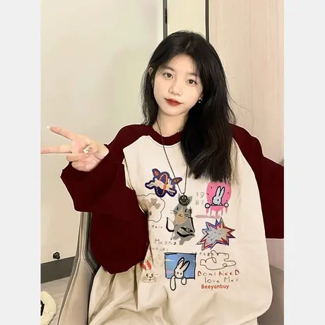 美式复古长袖t恤女秋冬设计感小众中长款纯棉内搭打底衫上衣服潮商品大图