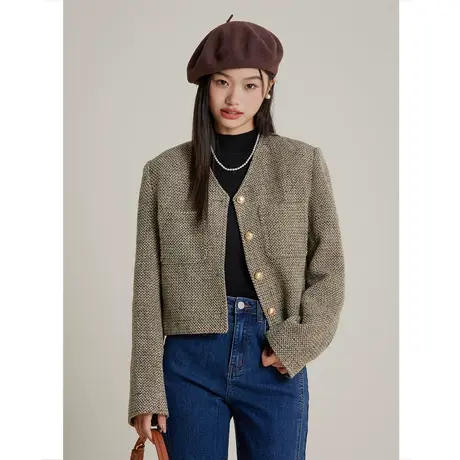 弥古小香风羊毛针织外套女宽松短款重工编织小西服高级感秋冬穿搭商品大图