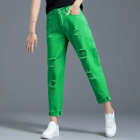 清仓绿色牛仔裤女夏季薄款破洞裤2025年新款哈伦裤直筒九分老爹裤商品大图