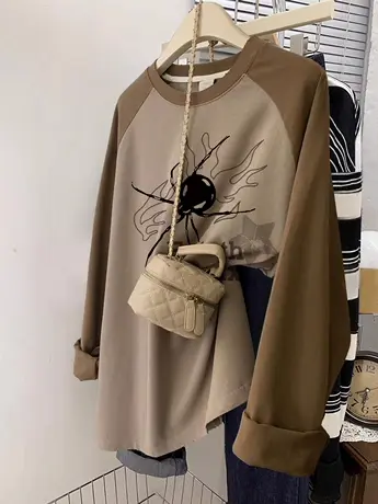 春秋季长袖上衣女胖mm显瘦大码插肩袖打底衫ins潮日系复古内搭T恤商品大图