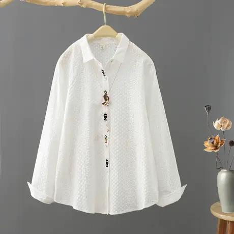 纯棉白衬衫女设计感小众春秋新款文艺短款刺绣上衣长袖宽松衬衣服商品大图
