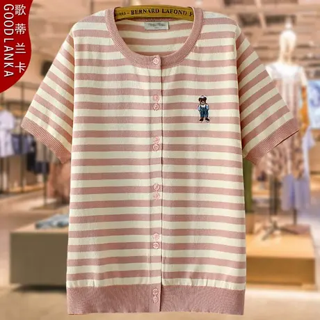 加肥加大码中年妈妈夏装冰丝上衣宽松时尚百搭条纹短袖针织T恤女商品大图