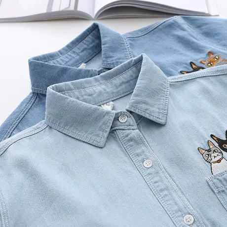 初秋新款猫咪刺绣花卡通蓝色衬衣女外套韩版百搭牛仔长袖打底衬衫商品大图