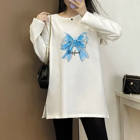 纯棉打底衫女秋冬内搭磨毛加厚长袖t恤女韩版宽松中长款白色上衣商品大图