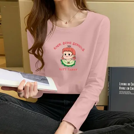 长袖纯棉打底t恤女宽松韩版内搭2023春秋款圆领学生上衣服体恤潮图片