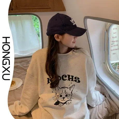 红续加厚圆领卫衣女新款小众设计简约猫咪印花运动休闲上衣长袖潮图片