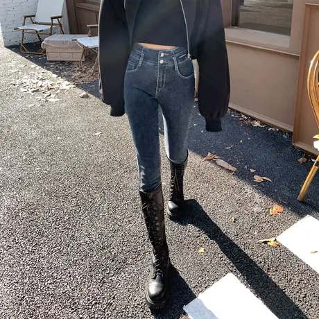 高腰小脚牛仔裤女2023年春秋新款深蓝色修身显瘦弹力紧身铅笔裤子图片