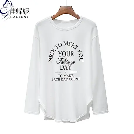 秋冬新款圆领宽松大码纯棉纯欲圆弧撞色印花长袖体恤上衣女打底衫商品大图