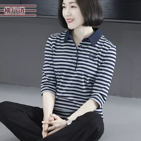 2025春季新款休闲海军风翻领绣花条纹宽松中袖T恤女外穿上衣大码商品大图