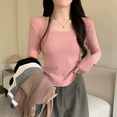 法式正肩德绒保暖长袖T恤女春秋冬方领修身显瘦打底小衫内搭上衣商品大图