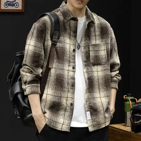 磨毛格子衬衫男士衬衣长袖休闲潮牌工装外套男春季24新款美式春秋图片