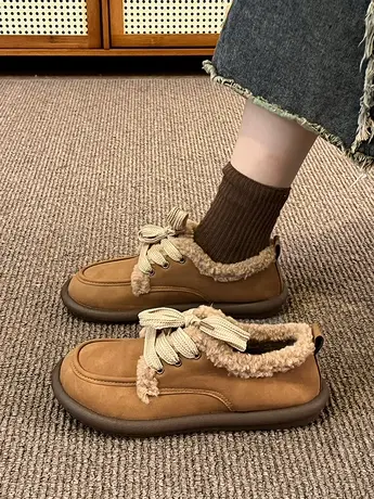 勃肯鞋女秋冬加绒毛毛鞋丑萌大头小皮鞋英伦风软底乐福豆豆二棉鞋商品大图