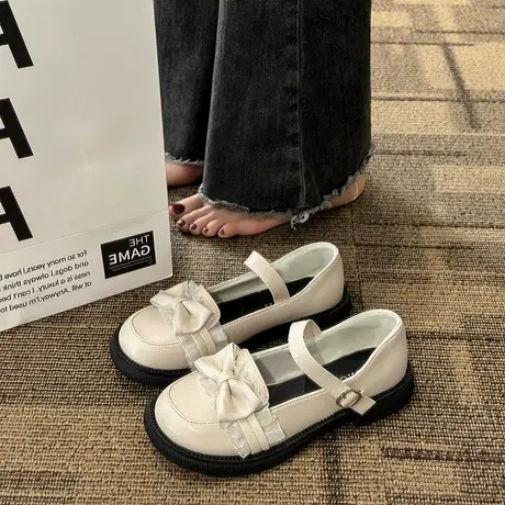 单鞋女夏季2023新款粗跟浅口甜美蝴蝶结高级感配裙子玛丽珍小皮鞋商品大图