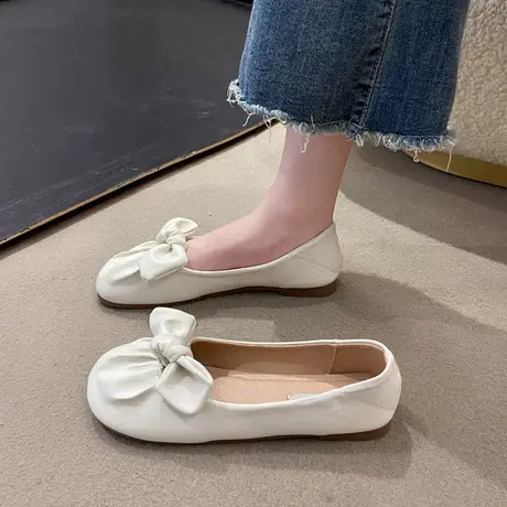 蝴蝶结单鞋女平底休闲孕妇鞋软底上班鞋一脚蹬真皮玛丽珍豆豆鞋秋商品大图
