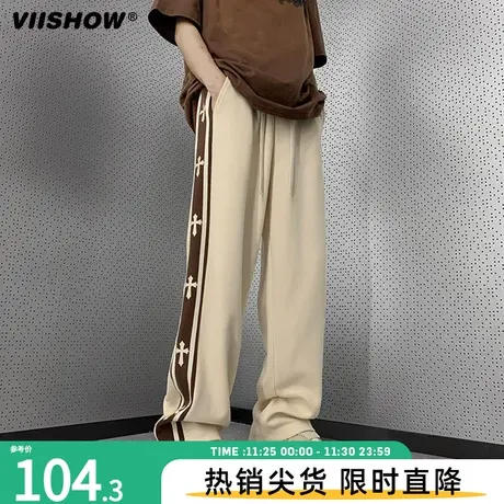 VIISHOW裤子男款秋冬美式复古潮十字架拼接宽松直筒阔腿休闲长裤商品大图